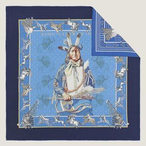 NWT 100% auth Hermes Silk Pani la Shar Pawnee double face scarf 90 blue